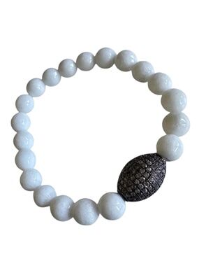 NEW White Jade 8mm Faceted Beaded Stretch Bracelet Gunmetal Pave Spacer